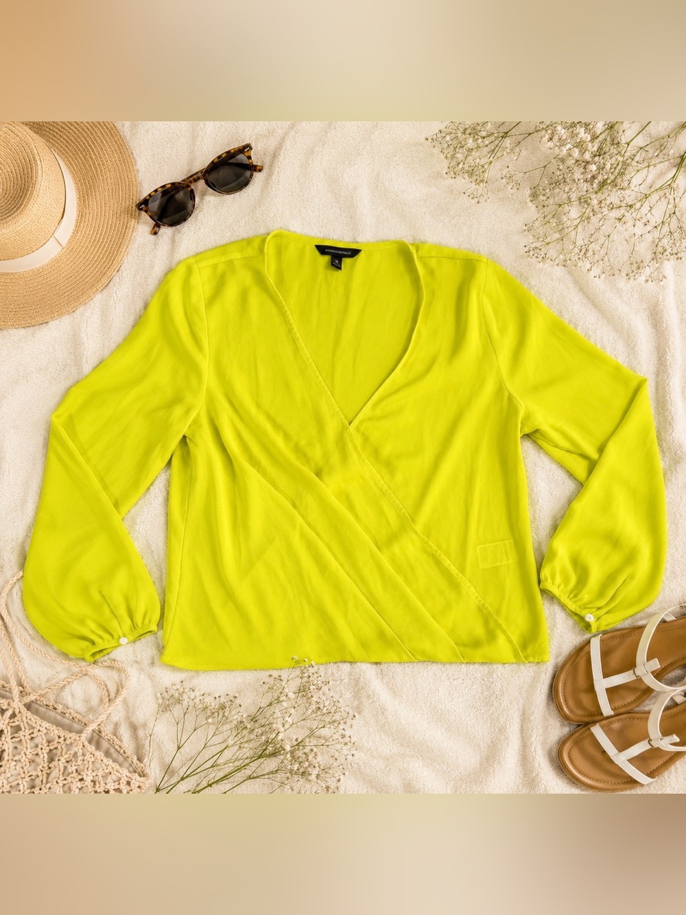 Banana Republic Blouse Womens Medium Neon Yellow Wrap Surplice Long Sleeve